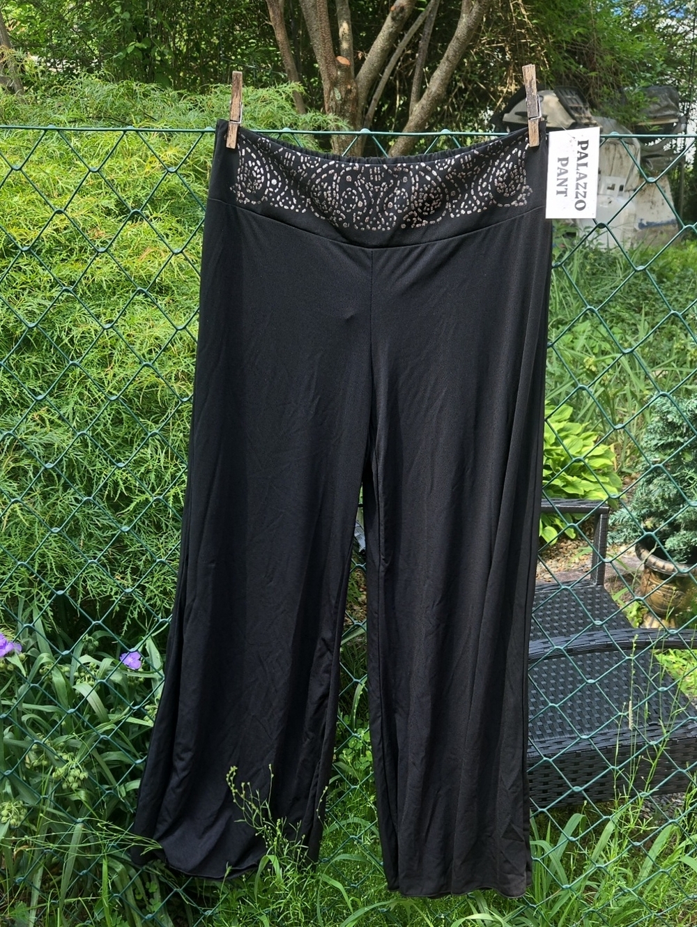 Black Palazzo Wide-Leg Women's Pants with Patterned Fold Waist
